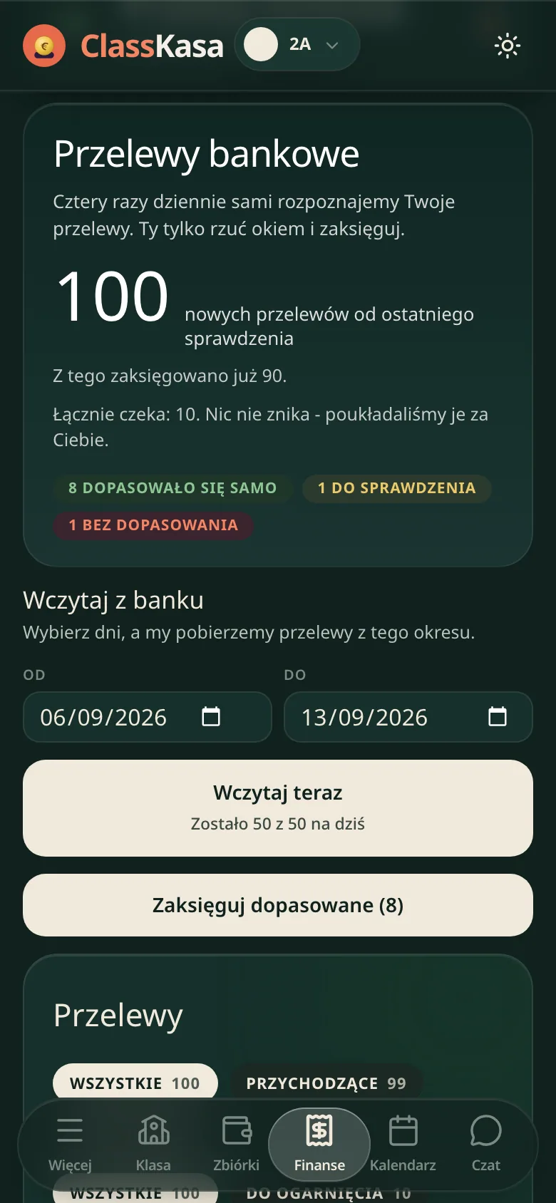 Ekran przelewów bankowych: ile nowych przelewów przyszło, etykiety dopasowanych, do sprawdzenia i bez dopasowania, oraz zakres dat do wczytania kolejnych z banku