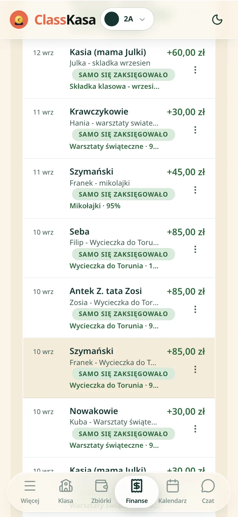 Przelewy z banku w ClassKasie: wiersz po wierszu nazwisko rodziny, etykieta samo się zaksięgowało i kwota wpłaty