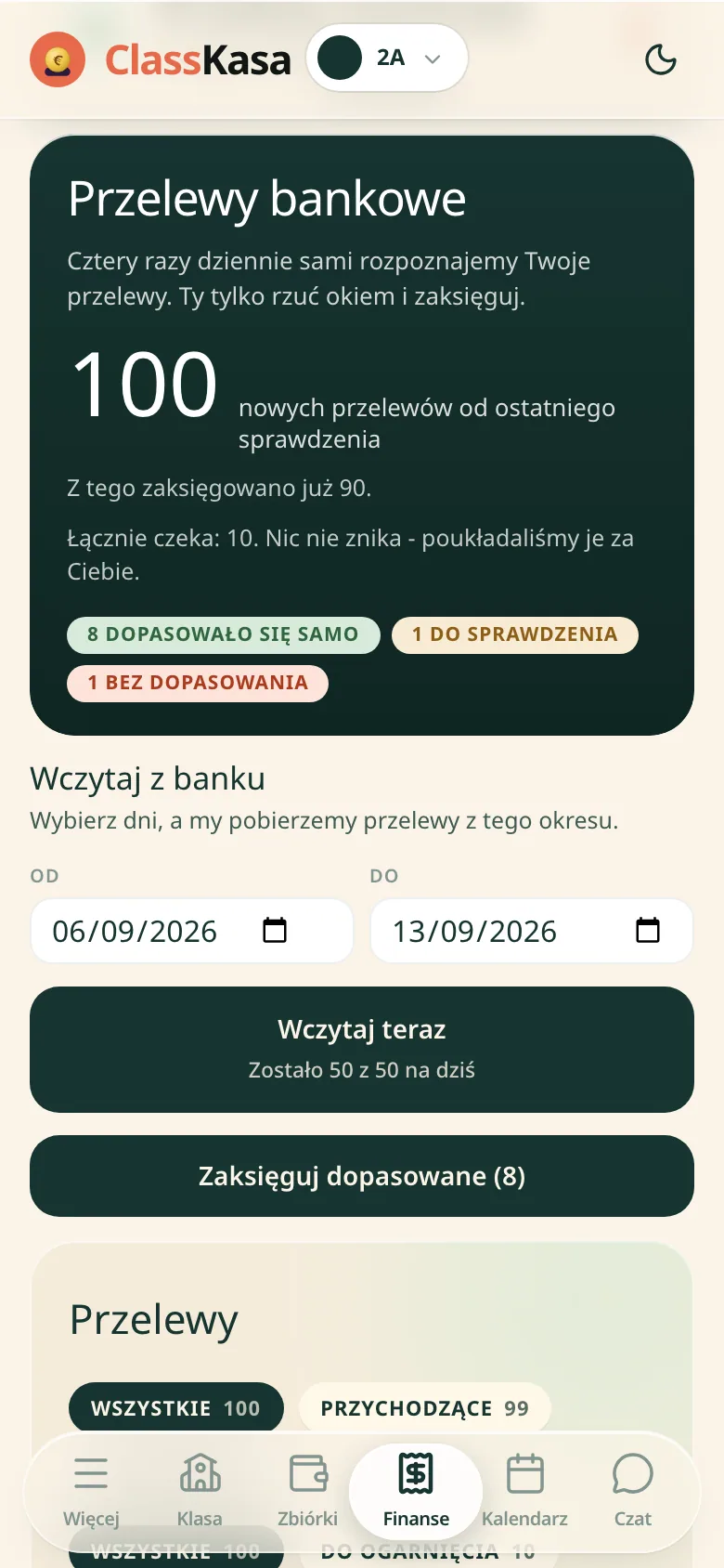 Ekran przelewów bankowych: ile nowych przelewów przyszło, etykiety dopasowanych, do sprawdzenia i bez dopasowania, oraz zakres dat do wczytania kolejnych z banku