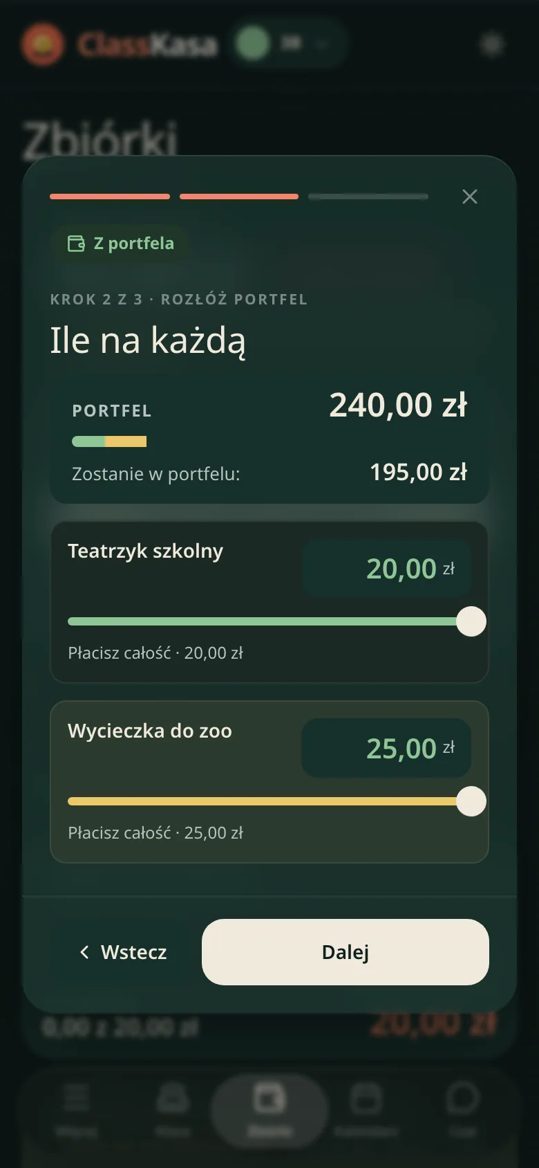 Płatność z portfela, krok 2 z 3, ile na każdą: stan portfela z paskiem podziału, wiersz z tym, ile zostanie w portfelu, a pod spodem dwie zbiórki, każda z suwakiem i podpisem, że płacisz całość. Na dole przyciski wstecz i dalej.