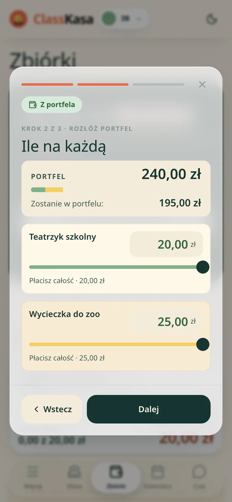 Płatność z portfela, krok 2 z 3, ile na każdą: stan portfela z paskiem podziału, wiersz z tym, ile zostanie w portfelu, a pod spodem dwie zbiórki, każda z suwakiem i podpisem, że płacisz całość. Na dole przyciski wstecz i dalej.