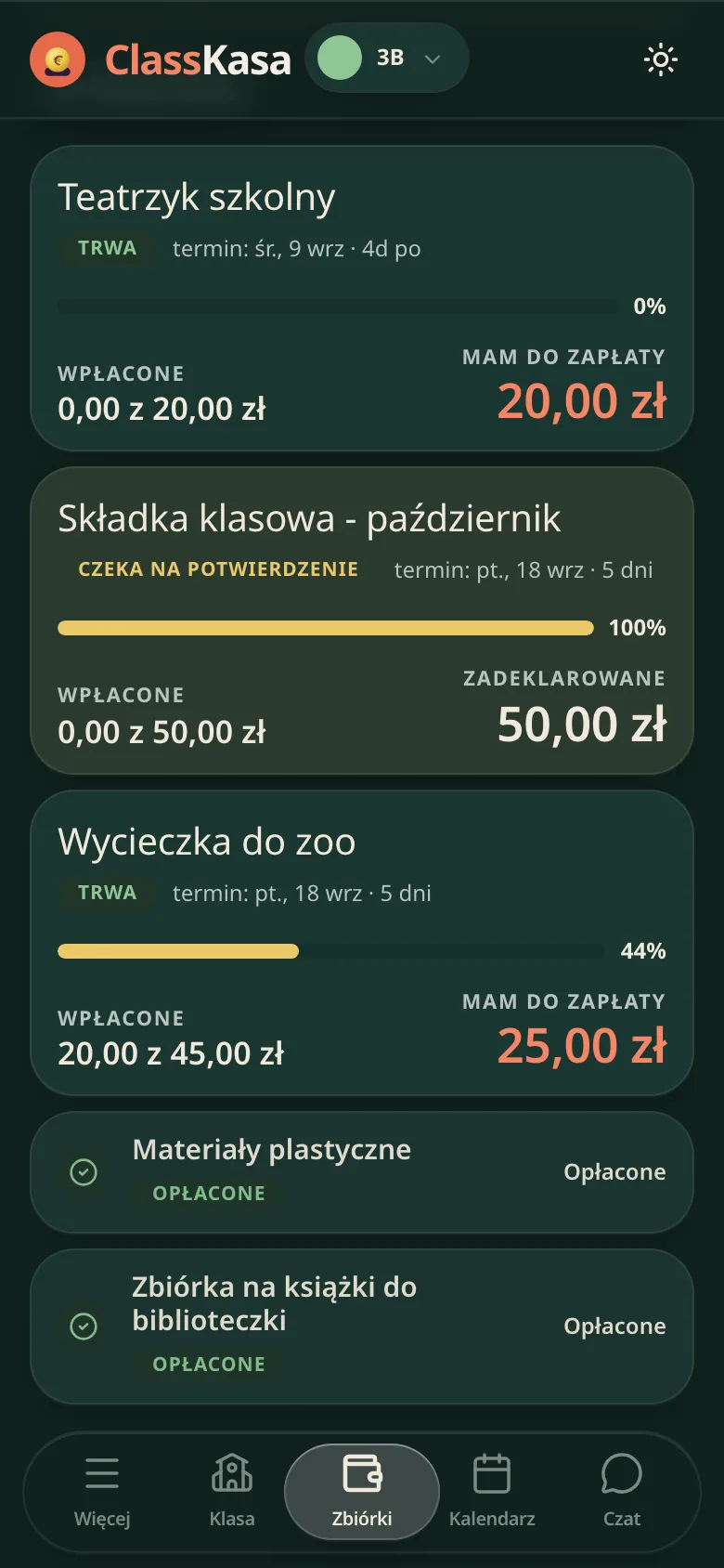 Lista zbiórek rodzica: u góry zbiórka po terminie z czerwoną kwotą przy mam do zapłaty, pod nią ta, która czeka na potwierdzenie, z kwotą zadeklarowaną, dalej druga zbiórka z czerwoną kwotą, a na dole dwie opłacone z zielonym ptaszkiem. Pod nimi pasek nawigacji.