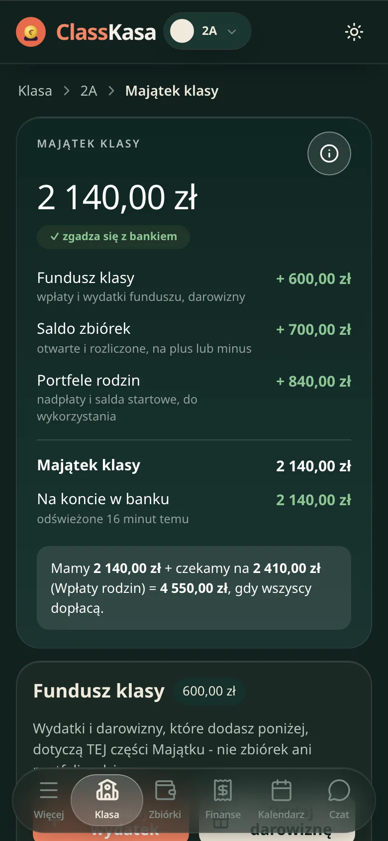 Ekran główny klasy: karta klasy z plakietką skarbnika i majątkiem klasy, kafelki ze zbiórkami i rodzinami, a pod nią karta ze sprawami bankowymi