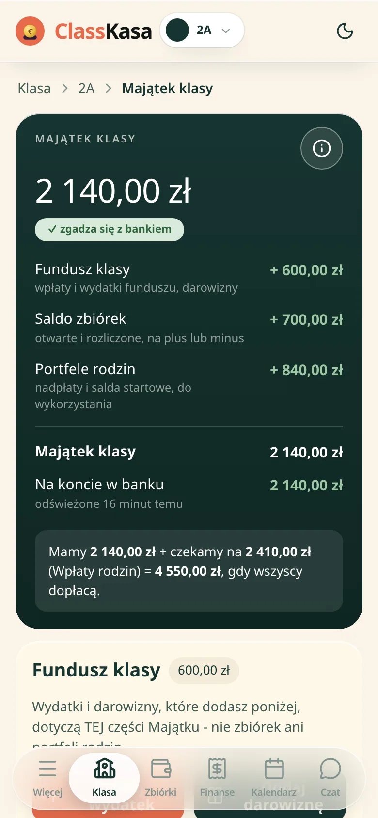 Ekran główny klasy: karta klasy z plakietką skarbnika i majątkiem klasy, kafelki ze zbiórkami i rodzinami, a pod nią karta ze sprawami bankowymi